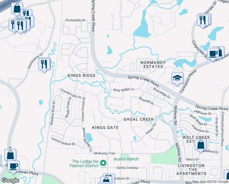 map of restaurants, bars, coffee shops, grocery stores, and more near 6636 Briar Ridge Lane in Plano