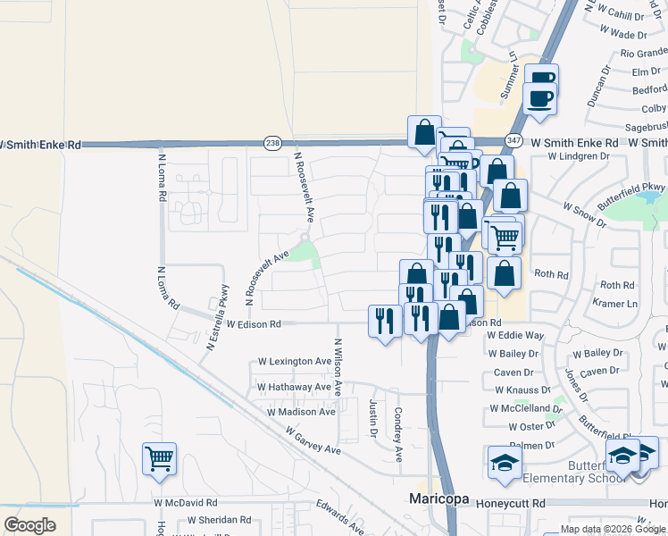 map of restaurants, bars, coffee shops, grocery stores, and more near 45144 Miraflores Street in Maricopa