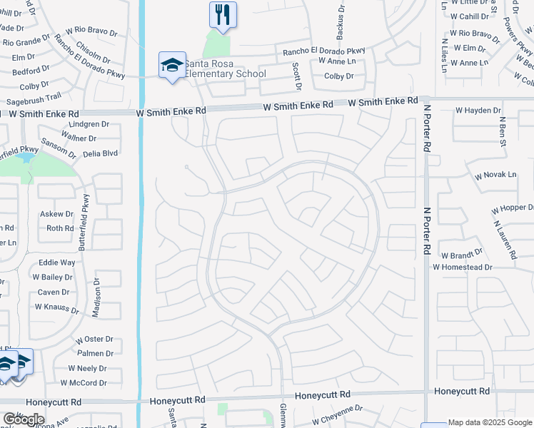 map of restaurants, bars, coffee shops, grocery stores, and more near 42421 West Candyland Place in Maricopa