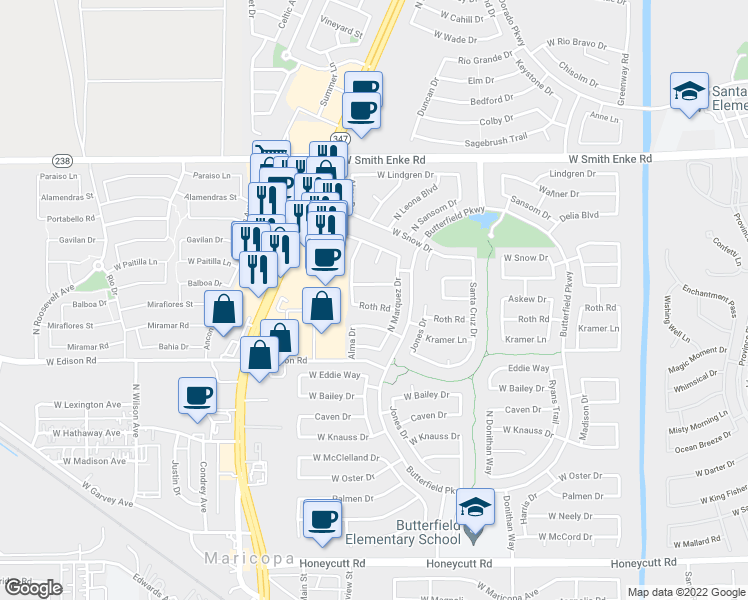 map of restaurants, bars, coffee shops, grocery stores, and more near 44166 Roth Road in Maricopa