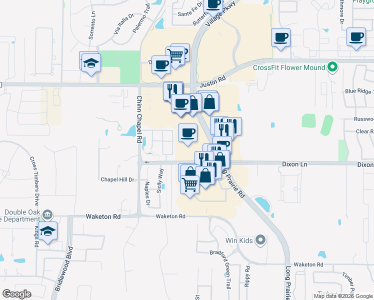 map of restaurants, bars, coffee shops, grocery stores, and more near 5959 Long Prairie Road in Flower Mound
