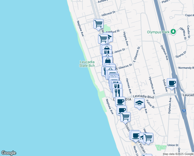 map of restaurants, bars, coffee shops, grocery stores, and more near 1070 Neptune Avenue in Encinitas