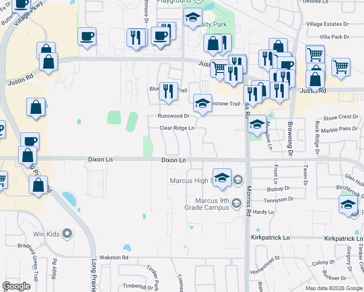 map of restaurants, bars, coffee shops, grocery stores, and more near 6009 Gateridge Drive in Flower Mound
