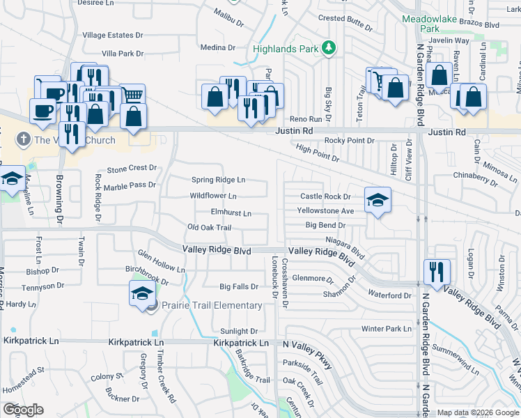 map of restaurants, bars, coffee shops, grocery stores, and more near 1208 Elmhurst Lane in Flower Mound