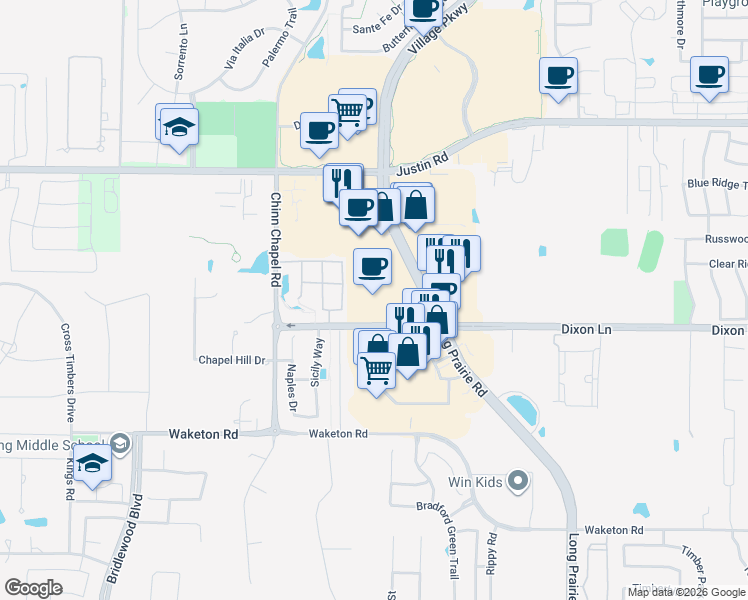 map of restaurants, bars, coffee shops, grocery stores, and more near 5959 Long Prairie Road in Flower Mound