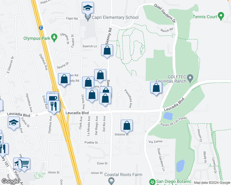 map of restaurants, bars, coffee shops, grocery stores, and more near 1018 Oldham Way in Encinitas