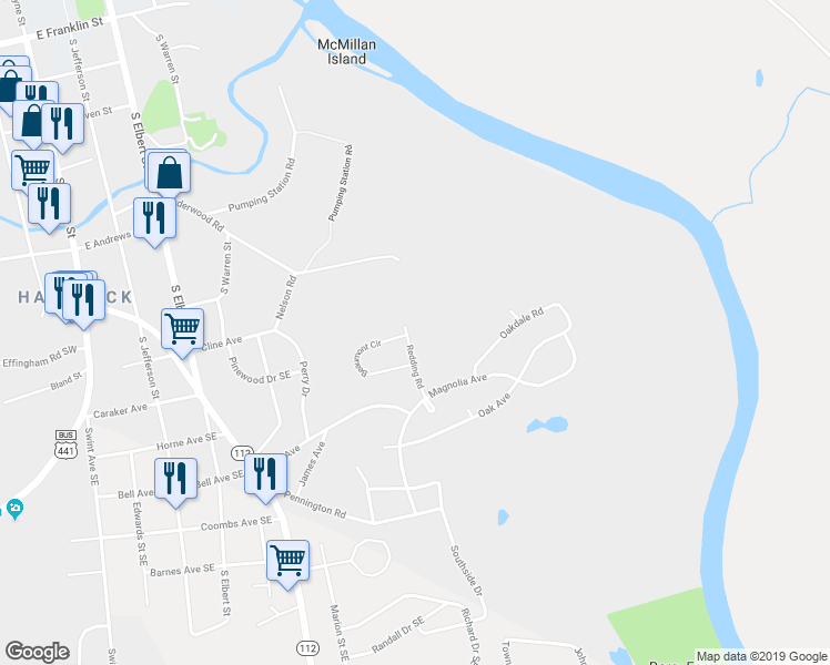 map of restaurants, bars, coffee shops, grocery stores, and more near 1240 Redding Road in Milledgeville