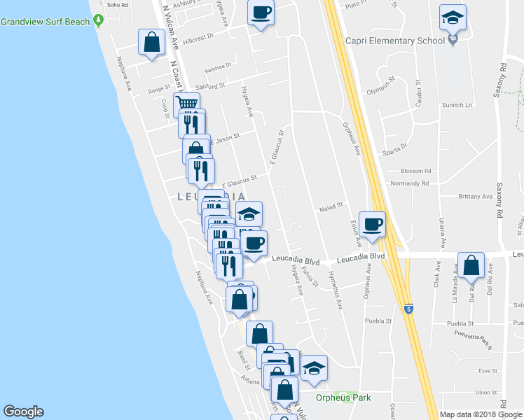 map of restaurants, bars, coffee shops, grocery stores, and more near 214 Alexander Court in Encinitas