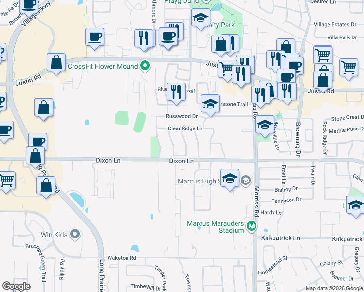 map of restaurants, bars, coffee shops, grocery stores, and more near 6009 Gateridge Drive in Flower Mound