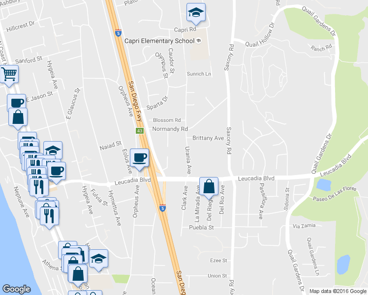 map of restaurants, bars, coffee shops, grocery stores, and more near 1046 Urania Avenue in Encinitas