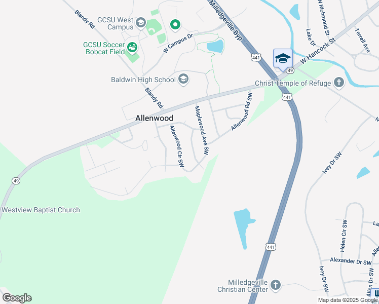 map of restaurants, bars, coffee shops, grocery stores, and more near 112 Allenwood Circle Southwest in Milledgeville