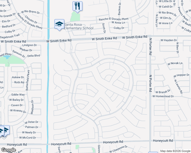 map of restaurants, bars, coffee shops, grocery stores, and more near 42421 West Candyland Place in Maricopa