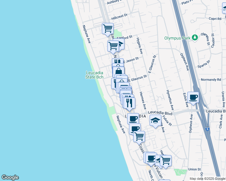 map of restaurants, bars, coffee shops, grocery stores, and more near 170 Diana Street in Encinitas