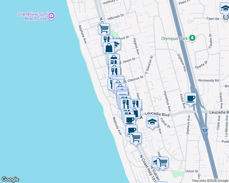 map of restaurants, bars, coffee shops, grocery stores, and more near 147 West Glaucus Street in Encinitas
