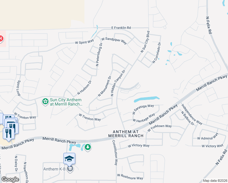 map of restaurants, bars, coffee shops, grocery stores, and more near 3857 North Hidden Canyon Drive in Florence