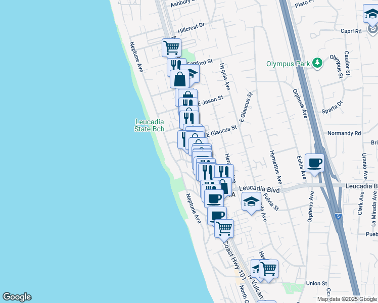 map of restaurants, bars, coffee shops, grocery stores, and more near 149 West Glaucus Street in Encinitas