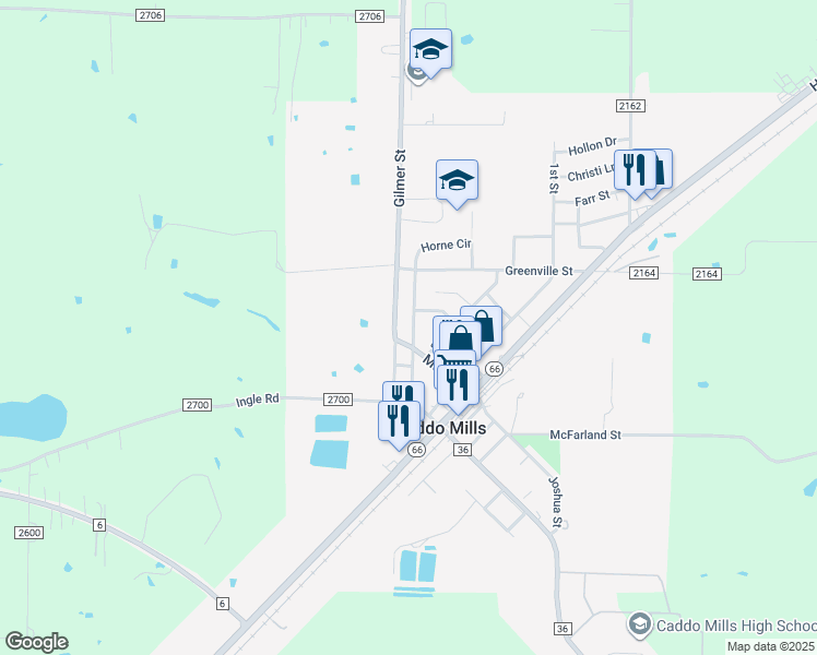 map of restaurants, bars, coffee shops, grocery stores, and more near 2403 Brewster Street in Caddo Mills