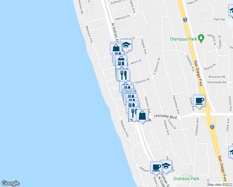 map of restaurants, bars, coffee shops, grocery stores, and more near 170 Diana Street in Encinitas