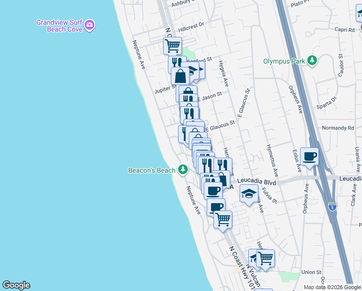 map of restaurants, bars, coffee shops, grocery stores, and more near 133 West Glaucus Street in Encinitas