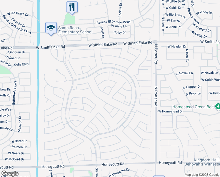 map of restaurants, bars, coffee shops, grocery stores, and more near 20660 North Verbena Lane in Maricopa