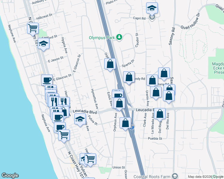 map of restaurants, bars, coffee shops, grocery stores, and more near 1030 Orpheus Avenue in Encinitas