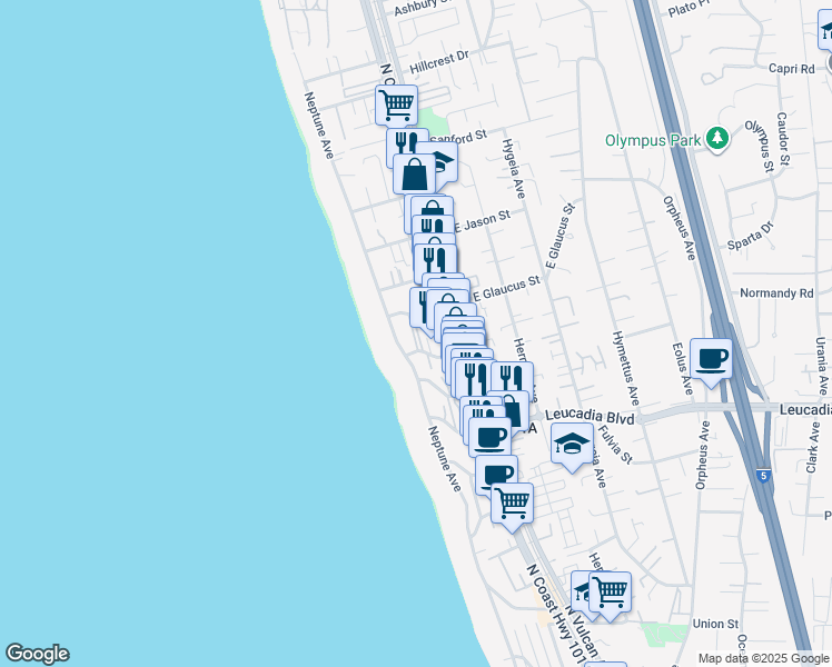 map of restaurants, bars, coffee shops, grocery stores, and more near 133 West Glaucus Street in Encinitas