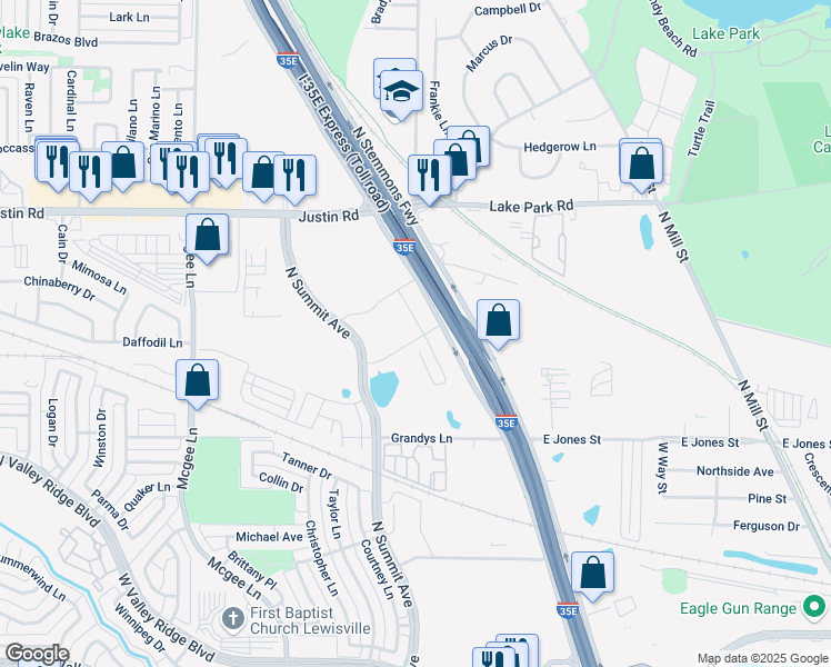 map of restaurants, bars, coffee shops, grocery stores, and more near 1801 North Summit Avenue in Lewisville