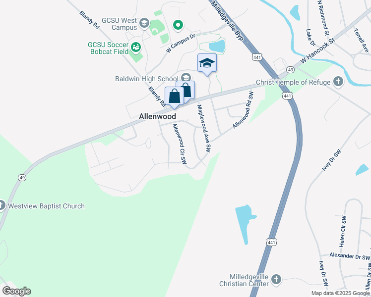 map of restaurants, bars, coffee shops, grocery stores, and more near 112 Allenwood Circle Southwest in Milledgeville