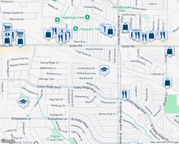 map of restaurants, bars, coffee shops, grocery stores, and more near 1641 Yellowstone Avenue in Lewisville