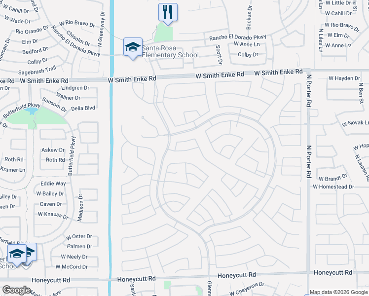 map of restaurants, bars, coffee shops, grocery stores, and more near 42538 West Candyland Place in Maricopa
