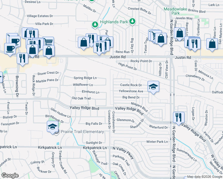 map of restaurants, bars, coffee shops, grocery stores, and more near 1709 Yellowstone Avenue in Lewisville
