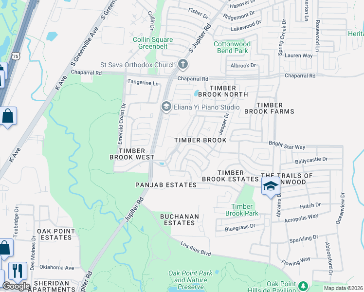 map of restaurants, bars, coffee shops, grocery stores, and more near 3108 Timber Brook Drive in Plano
