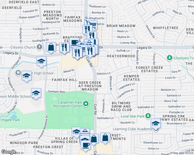 map of restaurants, bars, coffee shops, grocery stores, and more near 3925 Bentgrass Road in Plano