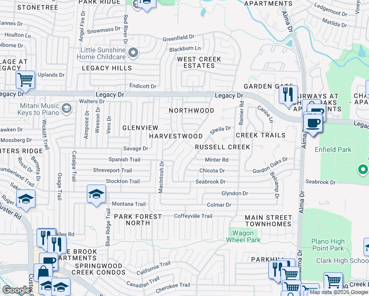 map of restaurants, bars, coffee shops, grocery stores, and more near 6241 Mantissa Drive in Plano
