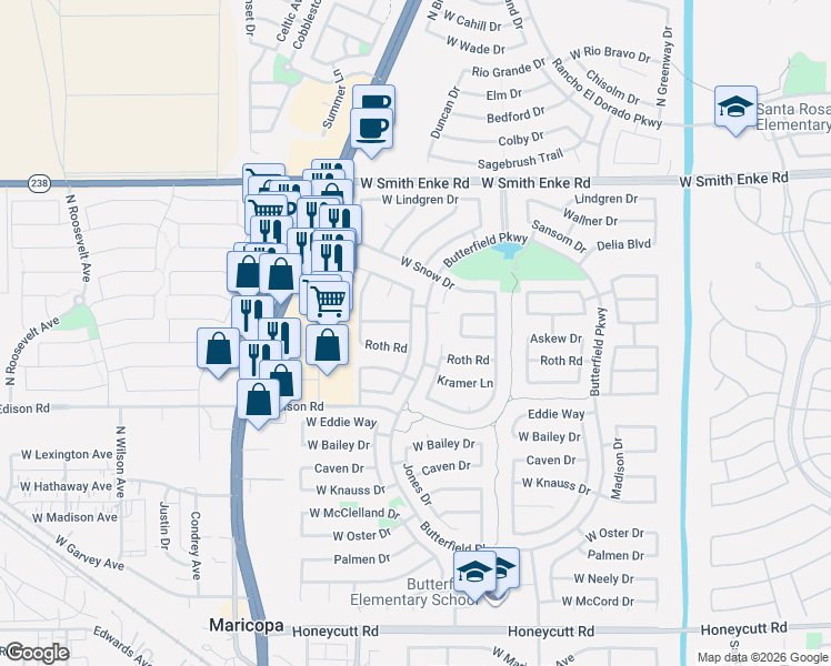 map of restaurants, bars, coffee shops, grocery stores, and more near 20661 Marquez Drive in Maricopa