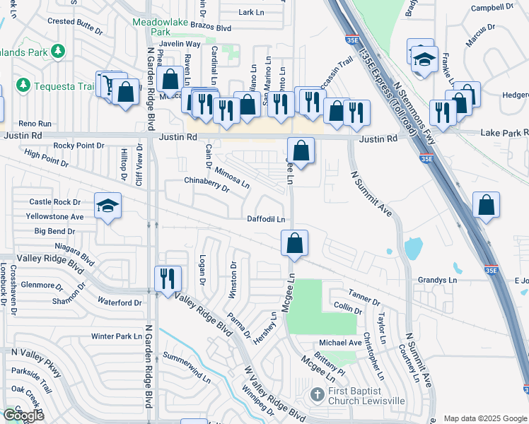 map of restaurants, bars, coffee shops, grocery stores, and more near 1806 Cactus Circle in Lewisville