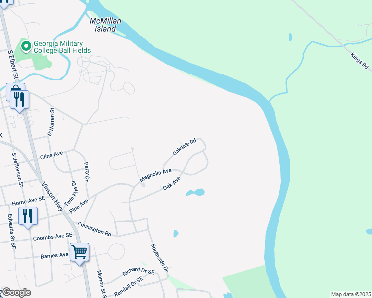 map of restaurants, bars, coffee shops, grocery stores, and more near 251 Oakdale Rd in Milledgeville