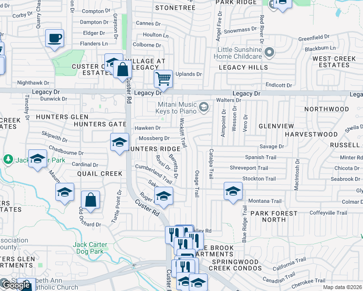 map of restaurants, bars, coffee shops, grocery stores, and more near 2001 Webley Drive in Plano