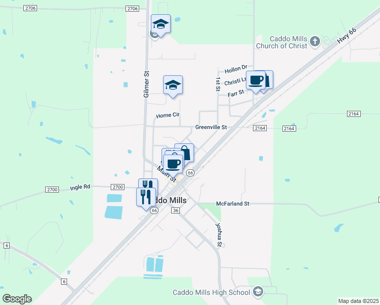 map of restaurants, bars, coffee shops, grocery stores, and more near 2419 1st Street in Caddo Mills