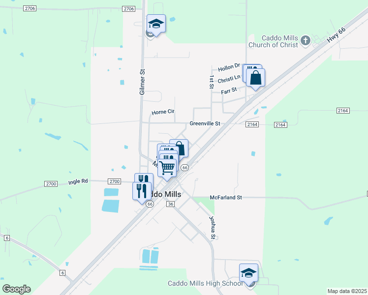 map of restaurants, bars, coffee shops, grocery stores, and more near 2419 1st Street in Caddo Mills