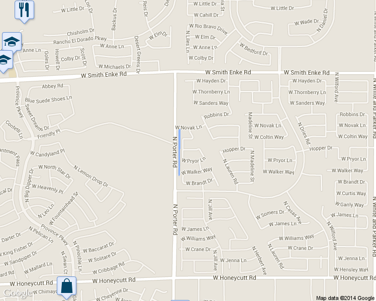 map of restaurants, bars, coffee shops, grocery stores, and more near 41389 West Hopper Drive in Maricopa