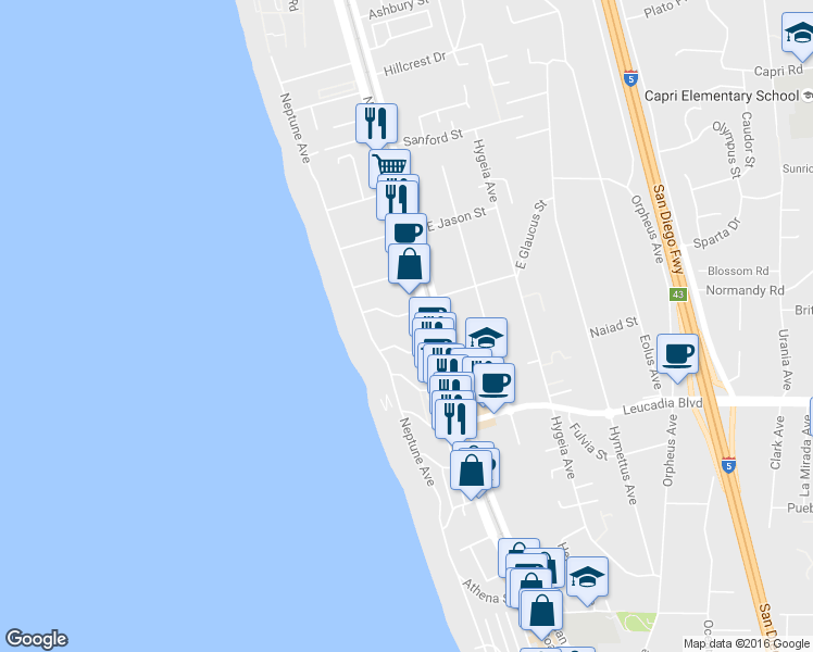 map of restaurants, bars, coffee shops, grocery stores, and more near 133 West Glaucus Street in Encinitas
