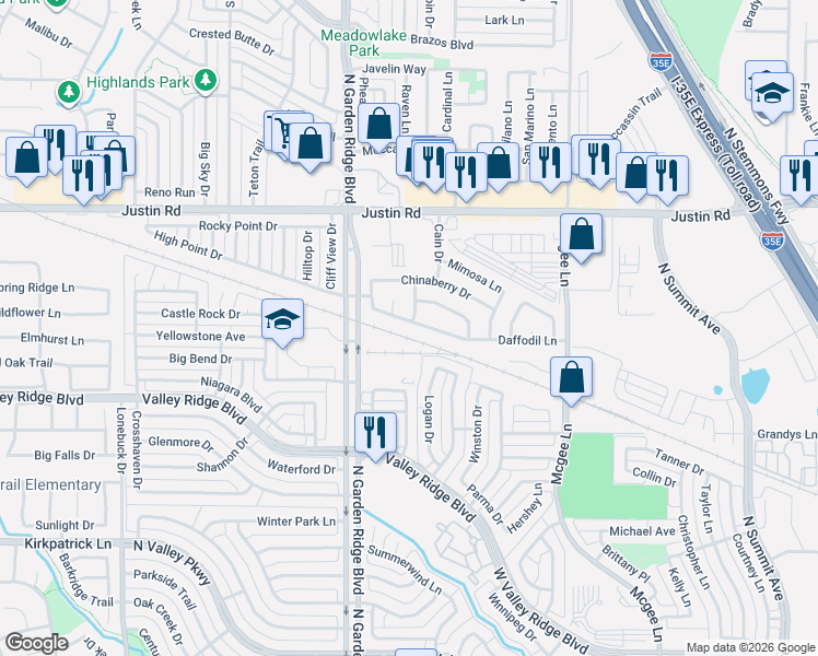 map of restaurants, bars, coffee shops, grocery stores, and more near 1386 Daffodil Lane in Lewisville