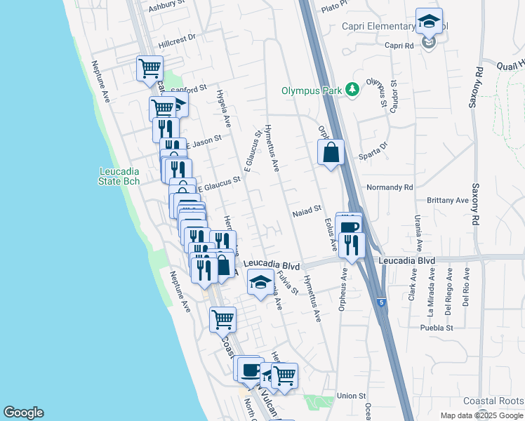 map of restaurants, bars, coffee shops, grocery stores, and more near 1023 Hygeia Avenue in Encinitas