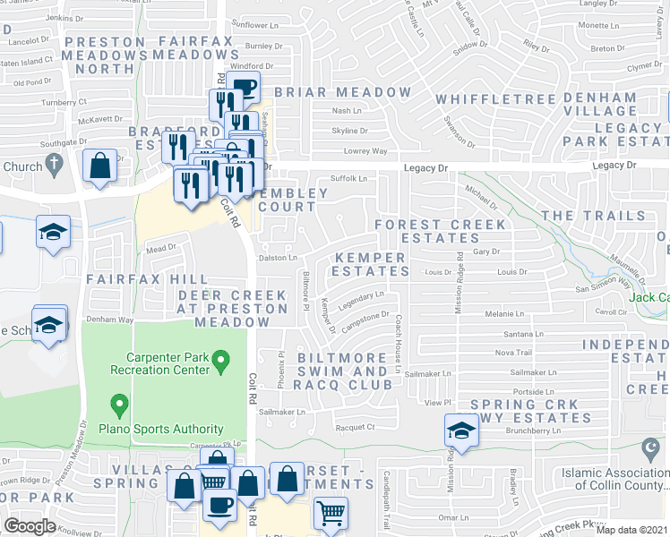 map of restaurants, bars, coffee shops, grocery stores, and more near 3836 Parkmont Drive in Plano