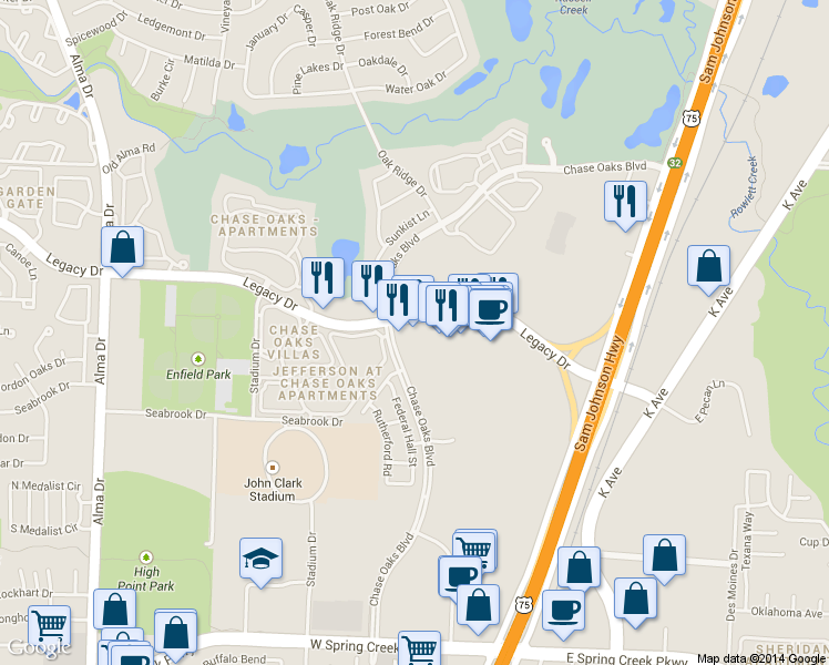 map of restaurants, bars, coffee shops, grocery stores, and more near 280 Legacy Drive in Plano