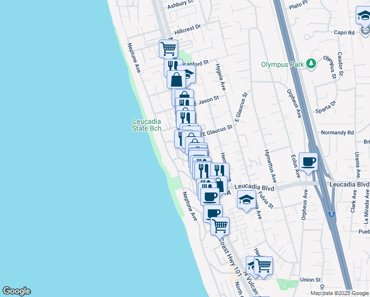 map of restaurants, bars, coffee shops, grocery stores, and more near 133 West Glaucus Street in Encinitas