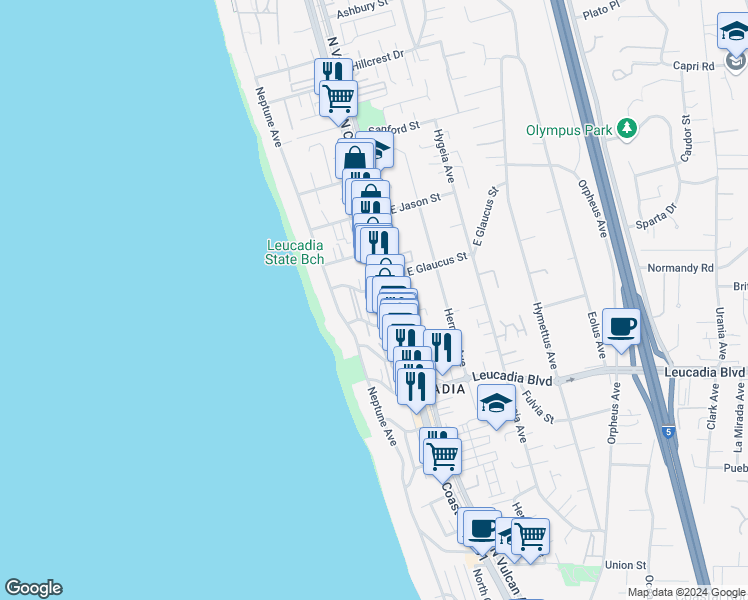 map of restaurants, bars, coffee shops, grocery stores, and more near 127 West Glaucus Street in Encinitas