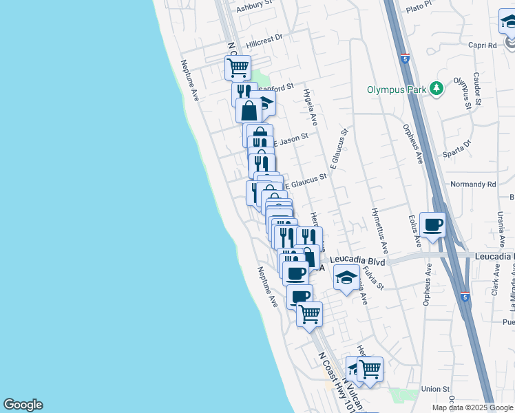 map of restaurants, bars, coffee shops, grocery stores, and more near 149 West Glaucus Street in Encinitas