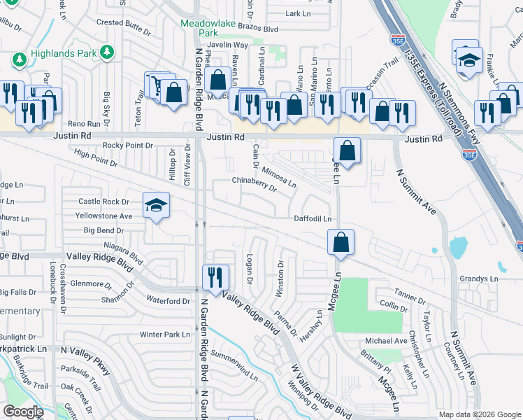 map of restaurants, bars, coffee shops, grocery stores, and more near 1369 Daffodil Ln in Lewisville